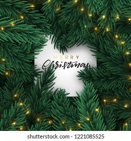 Christmas tree branches. Frame of green branch of pine. Festive Xmas border