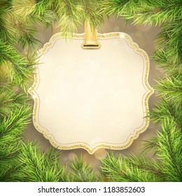 Christmas tree branches frame with label, tag frame decoration for New Year holiday sale shopping promotion. EPS 10