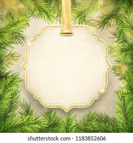Christmas tree branches frame with label, tag frame decoration for New Year holiday sale shopping promotion. EPS 10