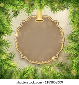 Christmas tree branches frame with label, tag frame decoration for New Year holiday sale shopping promotion. EPS 10