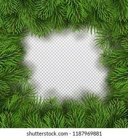 Christmas tree branches frame. Christmas and New Year decor. Realistic vector illustration isolated on a transparent background.