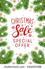 Christmas tree branches frame on white background for Your holiday design