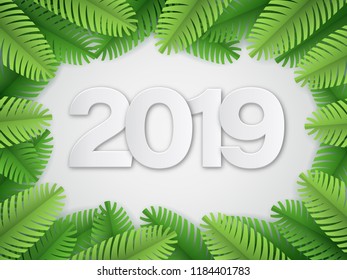 Christmas tree branches frame. Paper cut style. 2019 text. Template for Merry Christmas and Happy New Year greeting card.