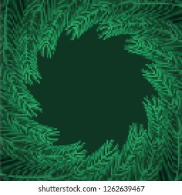 Ramas de árbol de Navidad Arte de píxeles de marco. Rama de fondo de Navidad de pino de 8 bits. Entorno de Año Nuevo naturaleza Videojuego Gráficos digitales de la vieja escuela