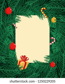 Christmas tree branches Frame. Xmas Background branch of pine. New Year backdrop nature 