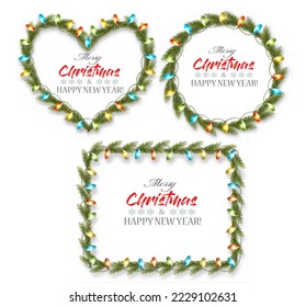 Ramas de árboles navideños y guirnaldas con lámparas de colores que dan forma a un corazón y a un anillo y rectángulo. Garland decorativo transparente. Efecto de borde luminoso de Navidad. Decoración de vacaciones.  Vector.