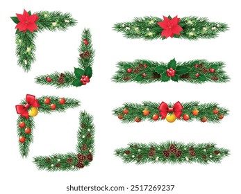 Christmas tree branches garlands. Pine needles, festive evergreen twigs decorations, holly, mistletoe, glass balls and bows, borders and frames isolated traditional winter holiday vector set