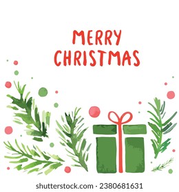 Ramas de árbol de Navidad y caja de regalo sobre un fondo blanco. Feliz Año Nuevo y Feliz Navidad. Perfecto para impresión, diseño de embalaje, banner, menú. Ilustración vectorial.
