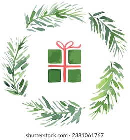 Ramas de árbol de Navidad y caja de regalo sobre un fondo blanco. Feliz Año Nuevo y Feliz Navidad. Perfecto para impresión, diseño de embalaje, banner. Ilustración vectorial.