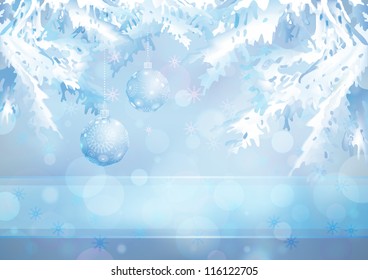 Christmas tree branches and glass balls on the Merry Christmas and Happy New Year blue background with blur lights