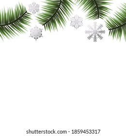 Christmas tree. Branches. Green.  Background. Snowflakes. Border.