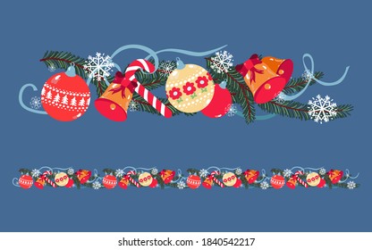 Christmas tree branches  and hanging on their decorations.  New Year bells. Set of elements for design.