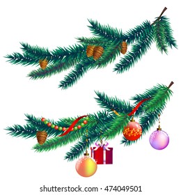 Christmas tree branches with hanging on them decorations and New Year balls. Set of elements for design. Fir branch with cones.