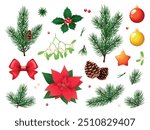 Christmas tree branches. Holiday decorations, glass new year balls, fir cones and mistletoe, holly, poinsettia, xmas berry and leaves, realistic isolated decorative botanical vector set