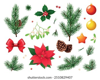 Christmas tree branches. Holiday decorations, glass new year balls, fir cones and mistletoe, holly, poinsettia, xmas berry and leaves, realistic isolated decorative botanical vector set