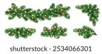 Christmas tree branches. Holiday fir tree divider decoration. Winter season borders, realistic spruce twigs with glowing Christmas lights. Transparent background in vector file.