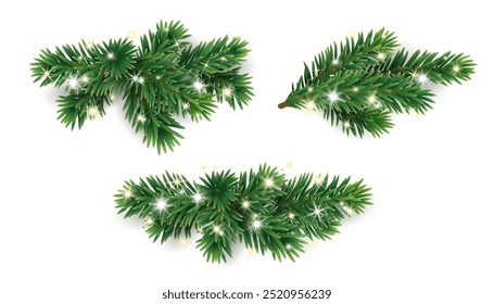 Christmas tree branches. Holiday fir tree divider decoration. Winter season borders, realistic spruce twigs with glowing Christmas lights. Transparent background in vector file.