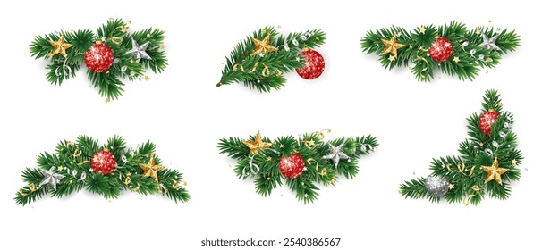 Sucursais de árvores de Natal. Decoração divisor de árvore de abeto de férias. Bordas de estação de inverno, realistas galhos de abeto com Natal brilhante vermelho e ornamentos de ouro. Plano de fundo transparente no arquivo de vetor.