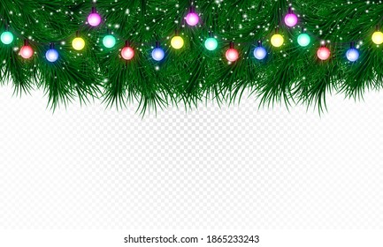 Christmas tree branches with holiday garland isolated on transparent background.