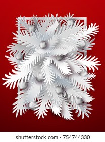 Christmas tree branches with Holidays balls and white thin frame on red background. Happy New year background for invetation, poster, card or leafet. Vector illustration. Paper art cut out desiggn.