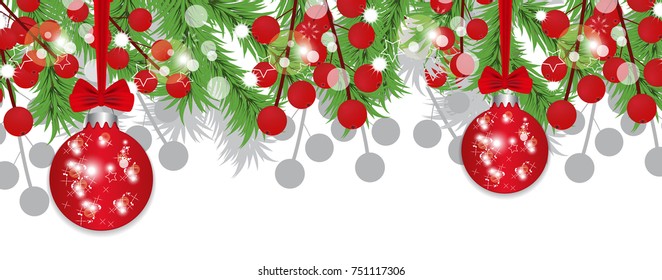 Christmas tree branches with holly berries and red baubles. Holidays decoration banner. Vector illustration.