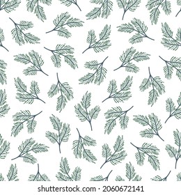 Christmas tree branches minimalist seamless pattern. Cute winter texture. Line objects. Hand drawn vector background for card, gift, packaging, wrapping paper, wallpaper, fabric, textile.