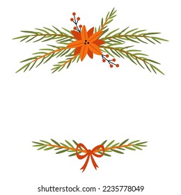 Christmas tree branches and New Year decorations. Vector hand drawn illustration frame and border.