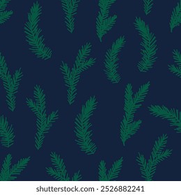 Christmas tree branches on dark blue background. Fir branches ornament. Christmas seamless pattern. 