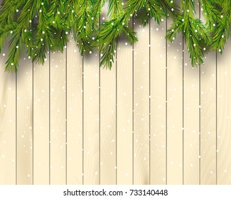 Christmas tree branches on light wooden background, vector illustration. Top view. Realistic fir-tree border, frame. Great for christmas cards, banners, flyers, party posters.