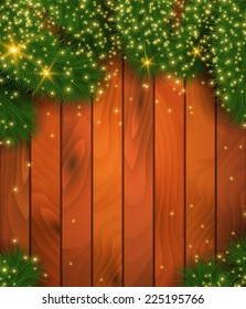 Christmas tree branches on wooden background. Vector illustration.