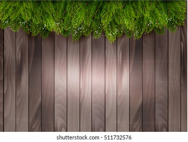 Christmas tree branches on a wooden backdrop. Vector.