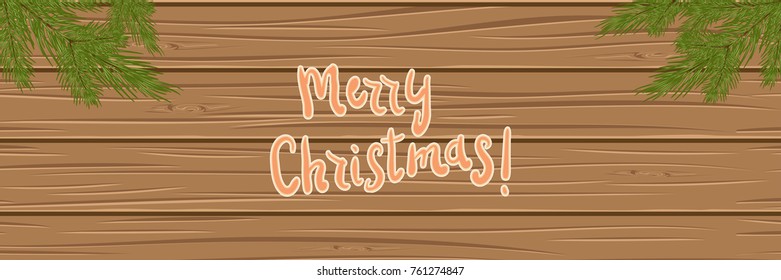Christmas tree branches on a wooden background. top view. Christmas card. festive background. Vector illustration. Eps 10.