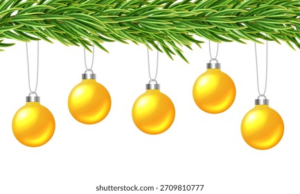 Christmas tree branches and ornaments. Border of fir tree branches. Vector clipart. 