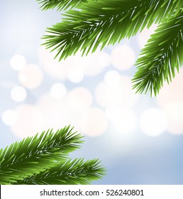 Christmas tree branches over the blurred bokeh background vector 