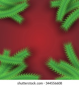 Christmas tree branches over red background modern festive frame layout. Vector Illustration