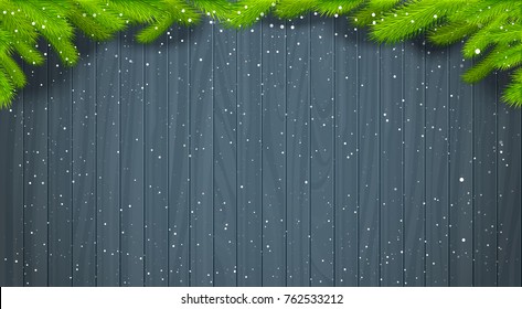 Christmas Tree Branches Over Wooden Texture Holiday Background Design Vector Illustration
