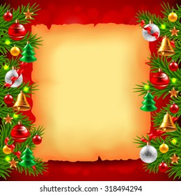 Christmas tree branches, paper and red background realistic vector