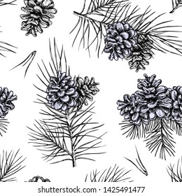 Christmas tree branches, pine cone in seamless pattern background.Fir,spruce design element for backdrop, wallpaper, wrap. New year holiday vector