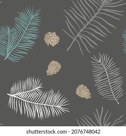 Christmas tree  branches, pine cone in seamless pattern background. pine design element for backdrop,wallpaper,wrap. New year holiday vector