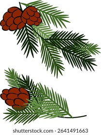 Christmas tree branches with pine cones set composition isolated. Vector graphic line ink illustration. Banner, poster, wrapping paper, sticker, print, modern textile design.
