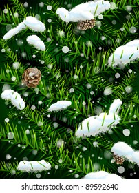 Christmas tree branches with pine-cones and snow. Vector background.