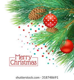 Christmas tree branches realistic background with cones and tree decorations vector illustration 