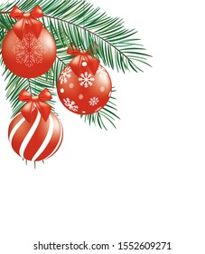 Christmas tree branches with red balls, vector