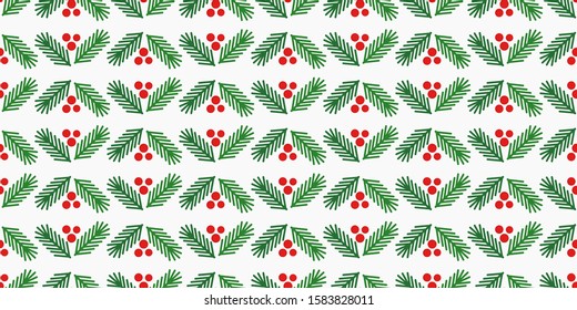 Christmas tree branches and red berries seamless pattern. Vector illustration.
