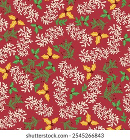 Christmas tree branches and red berries gold leaves seamless pattern. Winter holidays on red background, used for textile, greeting card, wallpaper,