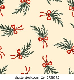 Christmas tree branches with red bows seamless pattern vector for new year winter holiday.