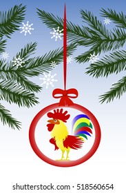 Christmas tree branches and Rooster toy.
