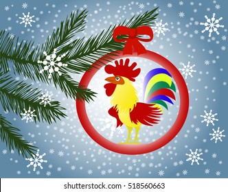 Christmas tree branches and Rooster toy.