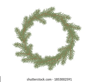Christmas tree branches round frame. Decorative Christmas and new year decoration with space for text. Vector illustration background.