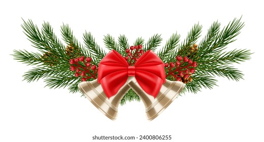 Christmas tree branches with rowan berries and two golden bells with a red bow. New year holiday decoration element - spruce tree with ribbons bow, Isolated on white background. Realistic 3d vector